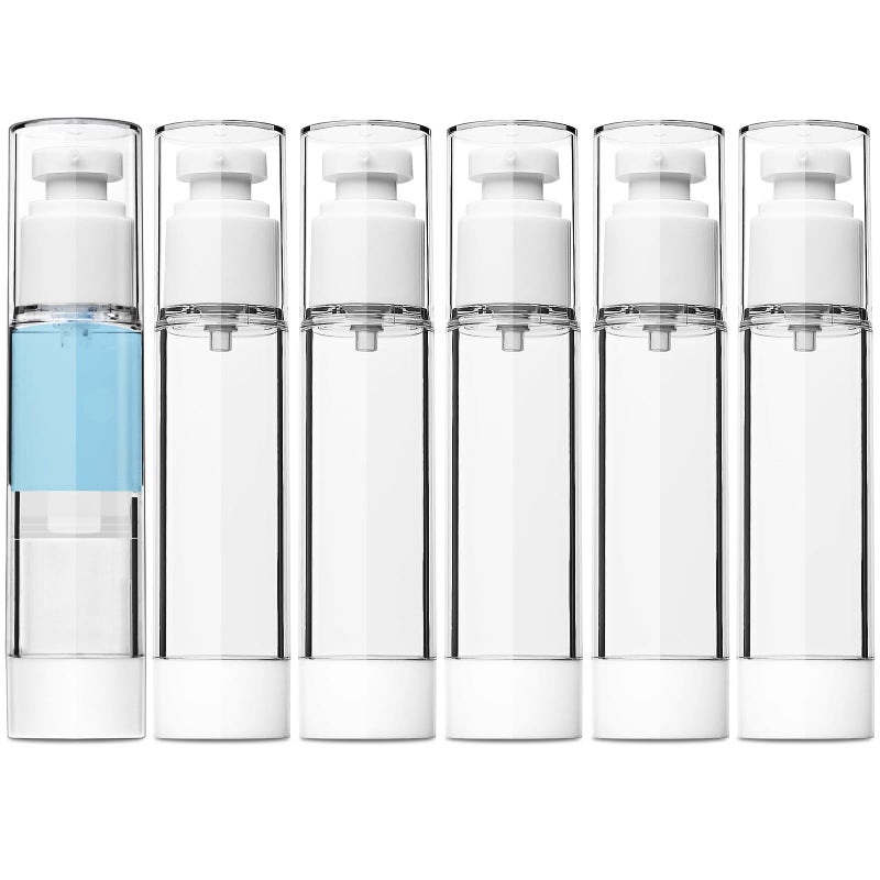 TUZAZO 6 Pack 1.7OZ/50ML Airless Pump Bottles, Clear Plastic Travel Size Pump Bottles, Refillable Cosmetic Containers Cream Dispenser with Funnel for Foundation, Lotions, Shampoo - Image 1